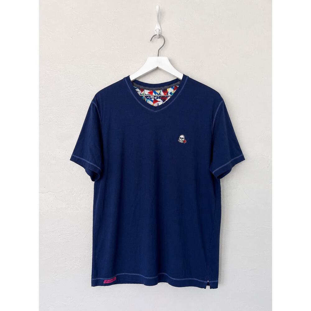 Robert Graham Men’s Navy Westwood Contrast Stitch V-Neck T-Shirt L/XL